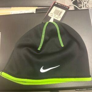 Nike Black Beanie with Neon Green Accents and White Swoosh